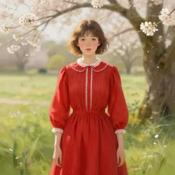 aerith gainsborough in red cottagecore dress, portrait, illustration, rim light, top light, perfectly shaded, spring time, slight overcast lighting, soft painting, art by krenz cushart and wenjun lin