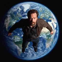 film still of giancarlo esposito with no beard as hancock (2008 film character), hovering over planet earth, film grain