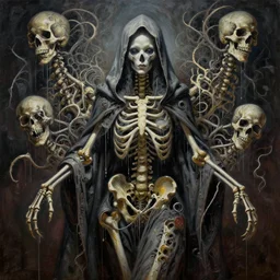 a hiper intricate oil portrait of a skeleton godess in hood, drip painting, skuls, excelent composition, wide shot, by zdzislaw beksinski, intricate, horror atmosphere, unreal engine 5 highly rendered, global illumination