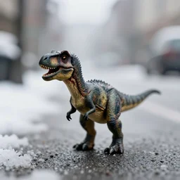 a beautiful photo by saul leiter of a tiny dinosaur standing in the street, tiny gaussian blur, insanely detailed, insanely intricate, insanely beautiful, depth of field, low contrast, snowy, wide aperture