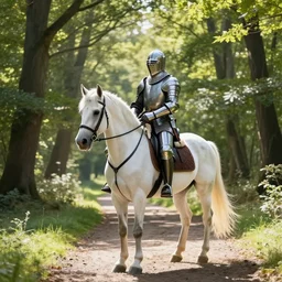 An English knight riding a white horse along a path through a forest. It's noon. The sun shines brightly through the trees.