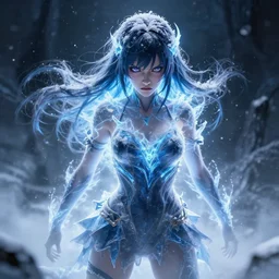 photorealistic full body shot of masterpiece angry darkness anime girl, beautifull manga lovely eyes, electric aura with particles, snowing frozen ice, darkness background, detailed, unreal engine 4 k, volumetric light, fog