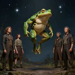muscular humanoid green frog jumps to become one with the stars, by john william godward and anna dittman and laurie greasley and victo ngai and taro okamoto and caspar david friedrich, full body portrait atmospheric lighting, intricate detail, cgsociety, hyperrealistic, octane render, rpg portrait, ambient light, dynamic lighting