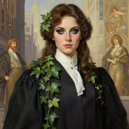 a beautiful painting of poison ivy dressed as a lawyer in the big city, dark eyeliner, intricate, elegant, highly detailed, digital painting, artstation, concept art, matte, sharp focus, illustration, art by rebecca guay and by arthur rackham and by alphonse mucha and by john william waterhouse