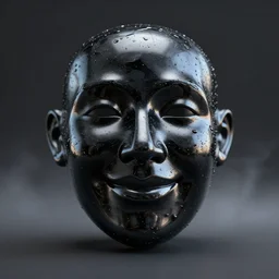 realistic render of a a smiling face black resin latex covered in reflecting oil, obsidian, reflective shiny plastic front view, empty soft black empty fog background, soft shadows, beautiful light, bokeh, soft focus ultrarealistic, shaders, 8 k, very detailed, high resolution, octane render, cinema 4 d, ray tracing