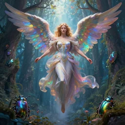 matte painting of a divine heavenly angel coming down from heaven, fantasy forest, iridescent beetle, volumetric light, super colorful, by james zapata, sergey vasnev, trending on artstation, photorealistic, photography, intricate art