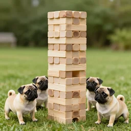 a jenga tower made out of pugs, jenga tower, pug logs,