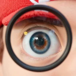 Zoomed cropped closeup of unexpected voyeuristic eye contact with Super Mario, Technicolor, telephoto lens, vintage photograph