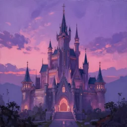 a beautiful landscape with futuristic castle at dusk, violet and pink lighting, majestic skies, oil painting, by greg rutkowski, by raphael lacoste, by craig mullins