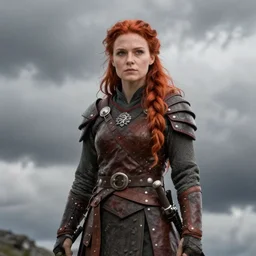 north female warrior, red hair, ginger hair, long hair, fantasy, female Viking, high detailed, photography, cloudy, lightweight leather armour, Scandinavia, plain, detailed face, cute face, model, glowing skin, serious face, full body, professional photographer, masterpiece, 8k, 3D