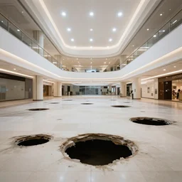 huge holes in the floor in an abandoned mall, liminal space, bright overhead lights, wide angle photography