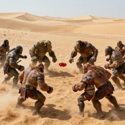 a match of blood bowl between orcs and humans on a desert pitch