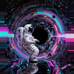 astronaut sucked into blackhole synthwave, glitchy, reflective, holographic, neon, trending on artstation