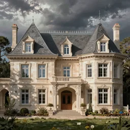 a large mansion with many windows, naive art