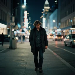 symmetrical! portrait of a tired man walking in a big city at night by craig mullins, atmospheric, vivid, masterpiece, bokeh, messy