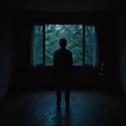 you are standing in a darkened room in the middle of the night. all is quiet and you are alone. your only sound is the rustling of a breeze in the trees outside. the music in the background has just ended and the scene is now