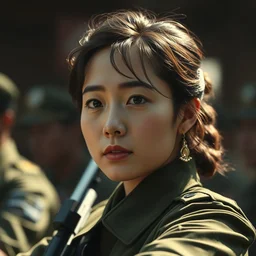 emma watson in korean people's army movie still, cinematic lighting, dramatic, octane render, long lens, shallow depth of field, bokeh, anamorphic lens flare, 8 k, hyper detailed, 3 5 mm film grain