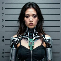 grainy photo of an ugly woman, wearing bionic implants, cyborg!!! android! criminal!!, (((((high tech, circuit boards, cyberpunk))))), mugshot!!!