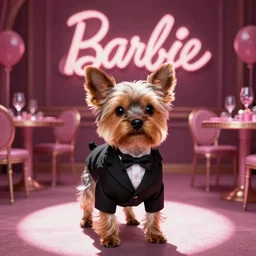 Yorkie dog in a suit invited to Barbie party