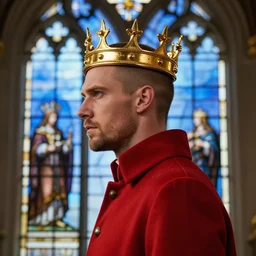 side - view portrait of a stern prince with a shiny golden crown, buzzcut, stubble, he wears a red coat, gothic stained glass window, very blue sky background, very masterful, royal, backlit