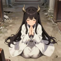 cute japanese girl with small horns and long silky hair, dressed in an old white coat, praying on the floor of a destroyed church, with an elegant smile, view from above, detailed artwork by Yoji Shinkawa