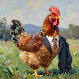a wide high quality photo of a chicken wearing a suit, impressionism, 8 k