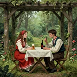 girl and boy sitting at table in garden. on the table there is beer and wine. folk horror style art. detailed. arbour