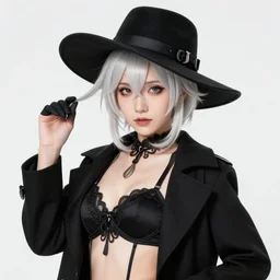 lady with eyeliner makeup from genshin impact in triangle fedora hat and black coat, wavy lingeries, intricate, elegant confident pose, sharp focus, illustration, highly detailed, digital painting, concept art, art by wlop and artgerm and ross tran, masterpiece, red and white and black colors