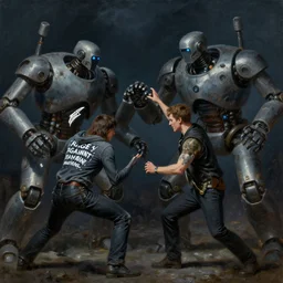 concept art, of a [ rage against the machine ] band memebers, fighting robots, dark concept art, dark skies painting by wlop, nixeu and greg rutkowski, beautiful, semirealism, artstation, octane render, oil painting, sharpness, 8 k, golden ratio