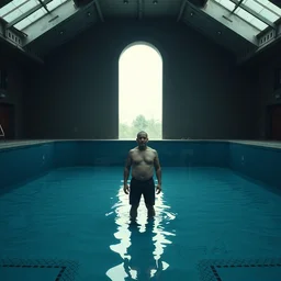 film still of shaved viktor orban standing on the bottom of an abandoned empty pool, a scene from tv series narcos narcos narcos, hd, 4 k