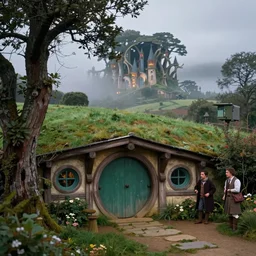 a very intricate matte painting of hobbiton with rivendell in thebackground, misty evening, fantasy art, low angle view, telephoto lens 2 0 0 mm, by stanley artgerm lau, greg rutkowski, thomas kinkade, alphonse mucha, loish, norman rockwell, artstation