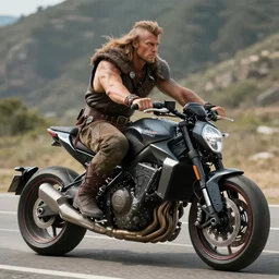 Male barbarian, riding a hi-tech motorcycle