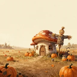 epic illustration, incredible wide screenshot, ultrawide, simple watercolor, rough paper texture, autumn, mushroom house, pumpkin patch, scarecrow, realism, pale beige sky, texture, brown mud, dust, backlit distant shot a scenic environment by Anton Fadeev