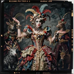 kodak portra 4 0 0, wetplate, photo of a surreal artsy dream scene,, girl, ultra - realistic face, weird fashion, strange pose, grotesque, extravagant dress, carneval, animal, wtf, photographed by paolo roversi style