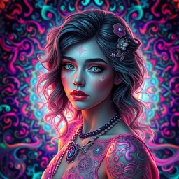 psychedelic gorgeous girl, hyper detailed, flowing psychedelic background intricate and detailed, ornate 8 k gorgeous intricate detailed, neon, high dynamic range, hdr, octane render
