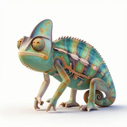 sleepy chameleon, stylized pixar-style 3d render, full body, isolated on a pure white background, centered, entire subject in frame, sharp focus, soft studio lighting