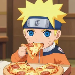 Chibi Naruto biting into a pizza