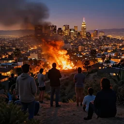 people in a hill watching los angeles on fire, hyperdetailed, artstation, cgsociety, 8 k