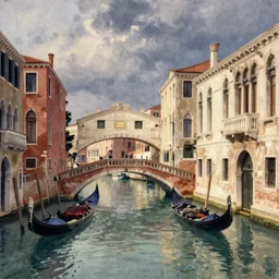 canal in venice, bridge, gondola floats, evening, watercolor, wide angle, by albert bierstadt
