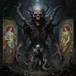 a lovecraftian painting of a nightmare, cosmic horror elements, ultra realistic, concept art, intricate details, eerie, highly detailed, photorealistic, octane render, 8 k, unreal engine. art by artgerm and greg rutkowski and alphonse mucha