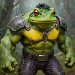 macro medium close up shot, rugged anthropomorphic muscular!!!!!!!!! oversized!!!!!!!! hulked!!!! frog as oversized green armored barbarian armored hunter with yellow chest wearing war soldier uniform sci - fi armor in deep forest, foggy, oil painting by frazetta