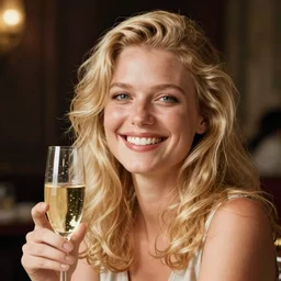 louis - theophile hingre, blonde woman, realistic, a glass of champagne, cheerful, bright