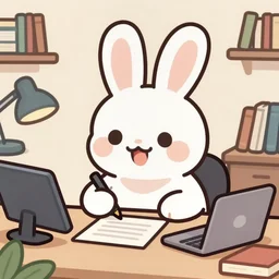 a cute happy cartoon rabbit sitting at a desk writing on a paper, llustration, josan gonzales, wlop, james jean, Victo ngai, David Rubín, Hergé, Joost Swarte, Moebius, Laurie Greasley, artgerm, highly detailed, sharp focus, Trending on Artstation, HQ, deviantart