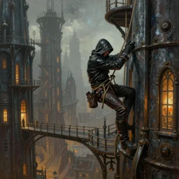 landscape painting of a hooded thief in leathers using a rope to climb a tall metal steampunk buildings within a fantasy city which has walkways and lit windows, fine details, magali villeneuve, artgerm, rutkowski