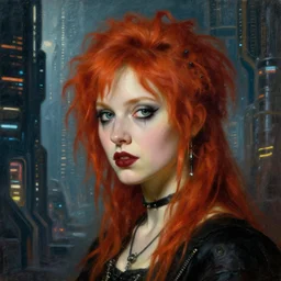 close up portrait of a redhead punk goth girl in a cyberpunk futuristic city, oil painting by canaletto hieronymus bosh leonardo da vinci piero della francesca botticelli
