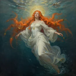breathtakingly detailed concept art painting portrait of goddess sinking into the sea, carrot colored hair, orthodox saint, full body, gorgeous background, created by hsiao - ron cheng, very moody lighting, 8 k