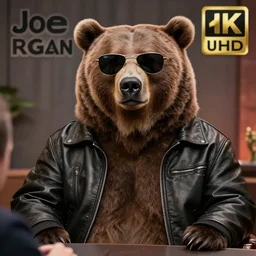 Photo of an oversized grizzly bear wearing sunglasses and a leather jacket being interviewed on the Joe Rogan podcast experience, hyperreality, 8K UHD