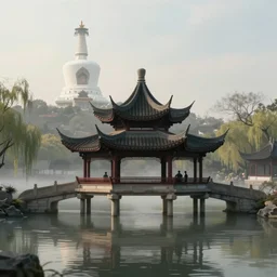 yangzhou, the bridge of five pavilions, the white tower, mysterious light and shadow, by ivan laliashvili, very detailed, digital art, trending on artstation, masterpiece