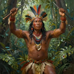 a beautiful painting of an indigenous man celebrating in the jungle, fantasy art, matte painting, highly detailed, trending on artstation