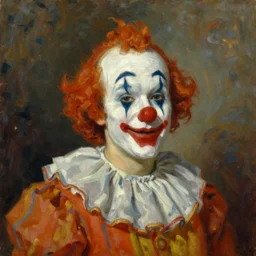 beautiful oil painting portrait of a vintage clown art by anders zorn, wonderful masterpiece by greg rutkowski, expressive brush strokes, beautiful cinematic light, american romanticism by greg manchess, jessica rossier